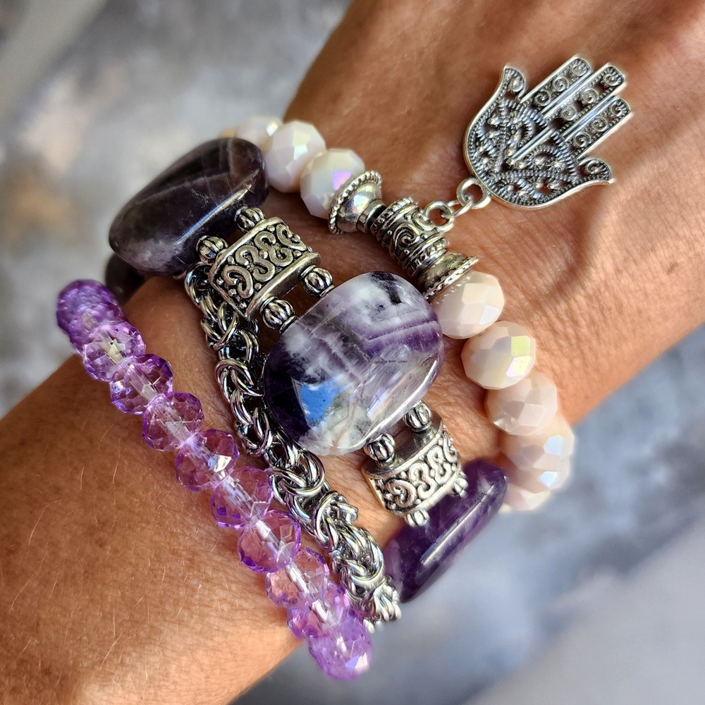 Genuine Amethyst Bracelet  Diamond Cut European Crystals Jewelry Set of 4